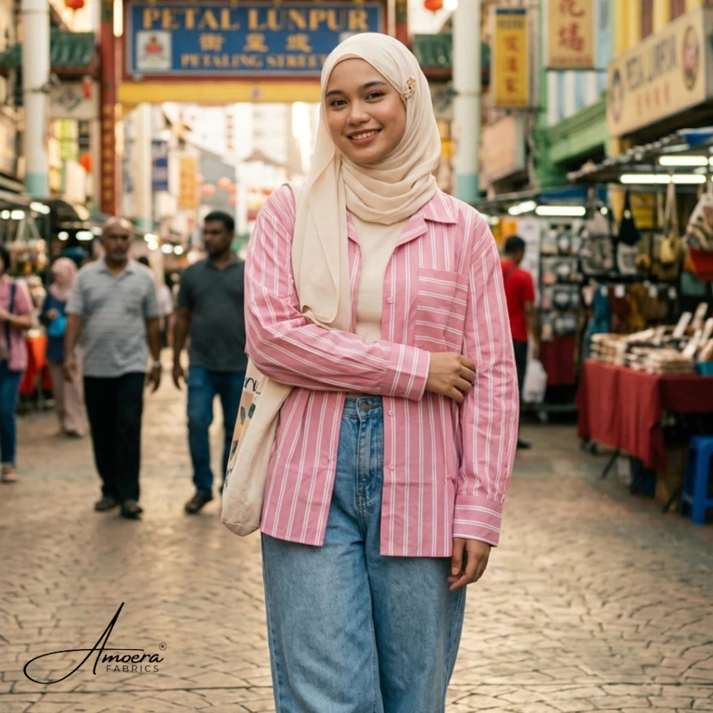 Imported Kemeja Wanita Corak Belang Cotton Lengan Panjang Loose Casual Berbutang - Image 2