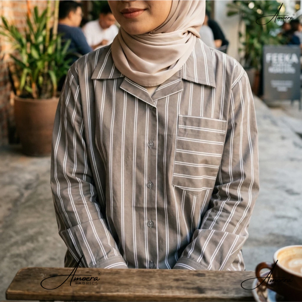 Imported Kemeja Wanita Corak Belang Cotton Lengan Panjang Loose Casual Berbutang - Image 3