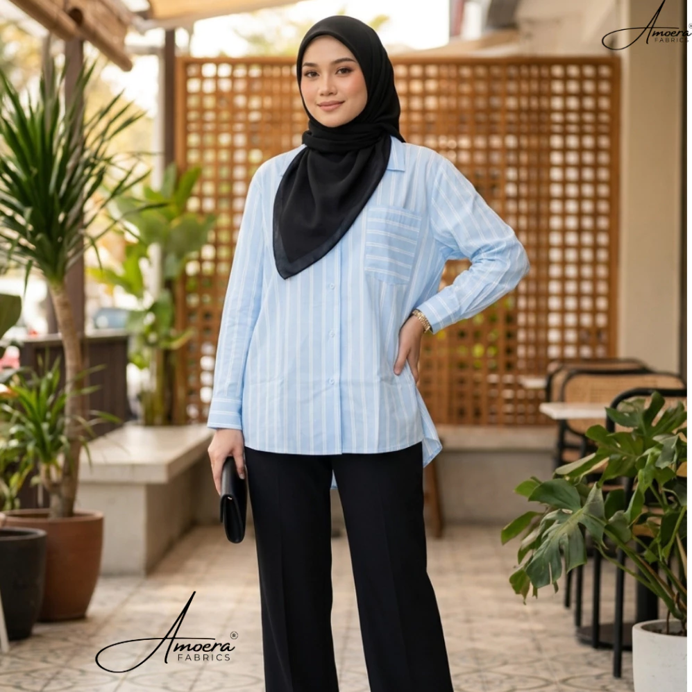 Imported Kemeja Wanita Corak Belang Cotton Lengan Panjang Loose Casual Berbutang - Image 4