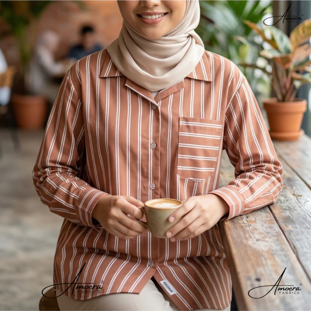 Imported Kemeja Wanita Corak Belang Cotton Lengan Panjang Loose Casual Berbutang - Image 5