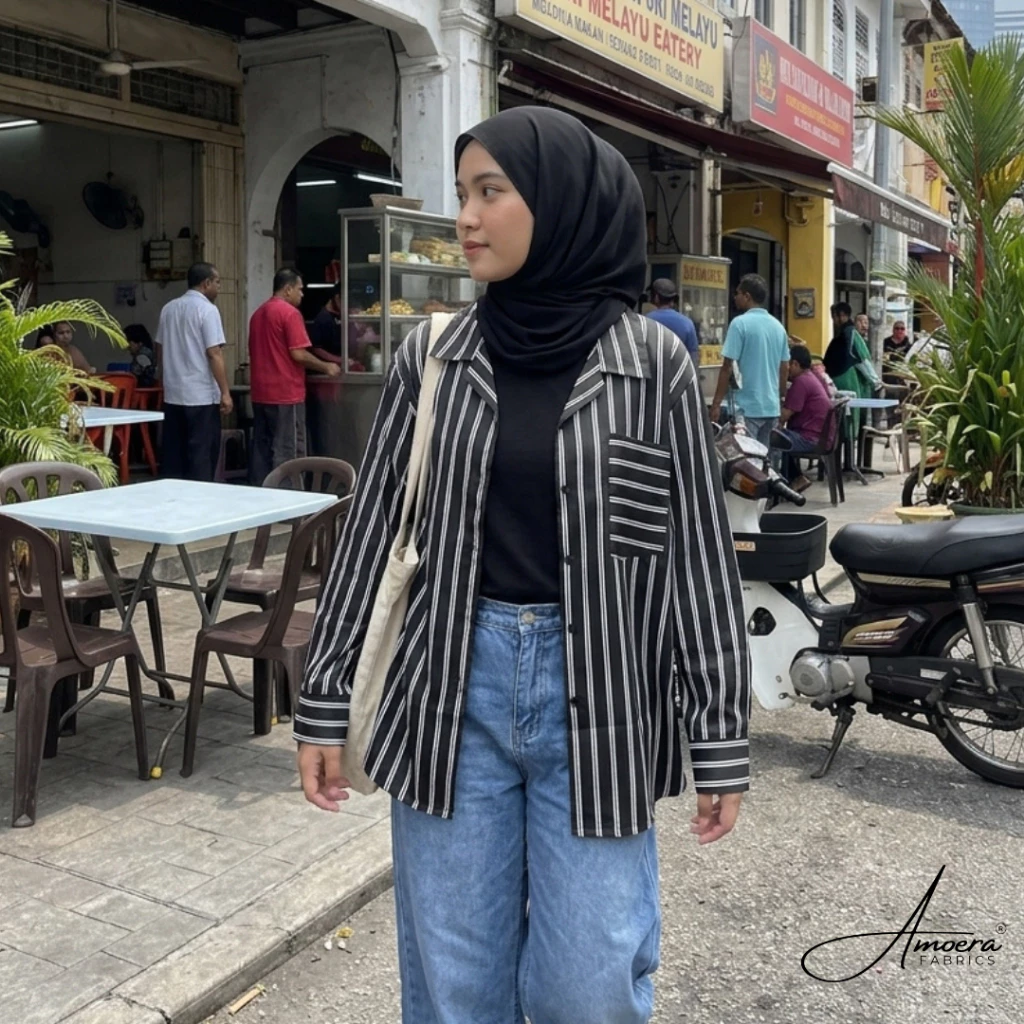 Imported Kemeja Wanita Corak Belang Cotton Lengan Panjang Loose Casual Berbutang - Image 6
